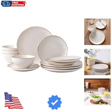 Plates and Bowls Sets for 4, 12 Pieces Stoneware Dinnerware Sets, Dishes Set,...