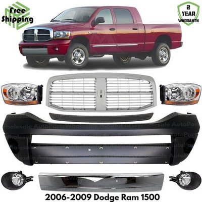 Front Bumper Cover Primed Plastic & Headlights Kit For 2006-2009 Dodge Ram 1500