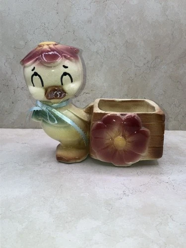 Vintage 1950’s Shawnee Ceramic Painted Duck With Flower Hat Planter  MCM