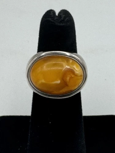 Vintage Sterling Silver Egg Yolk Butterscotch Amber Stone Ring Size 5.75 Estate