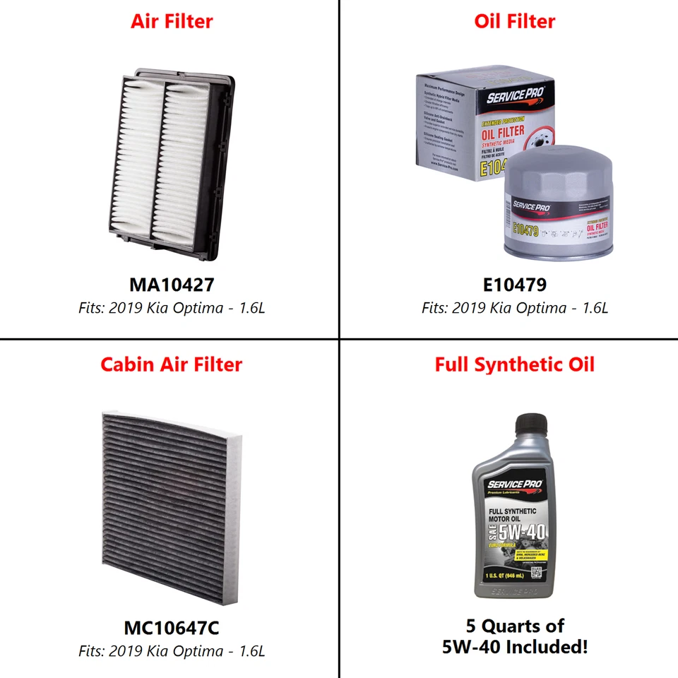 2019 Kia Optima 1.6L Complete Oil, Air & Cabin Filter Kit (5W-40) Foto 2 de 4