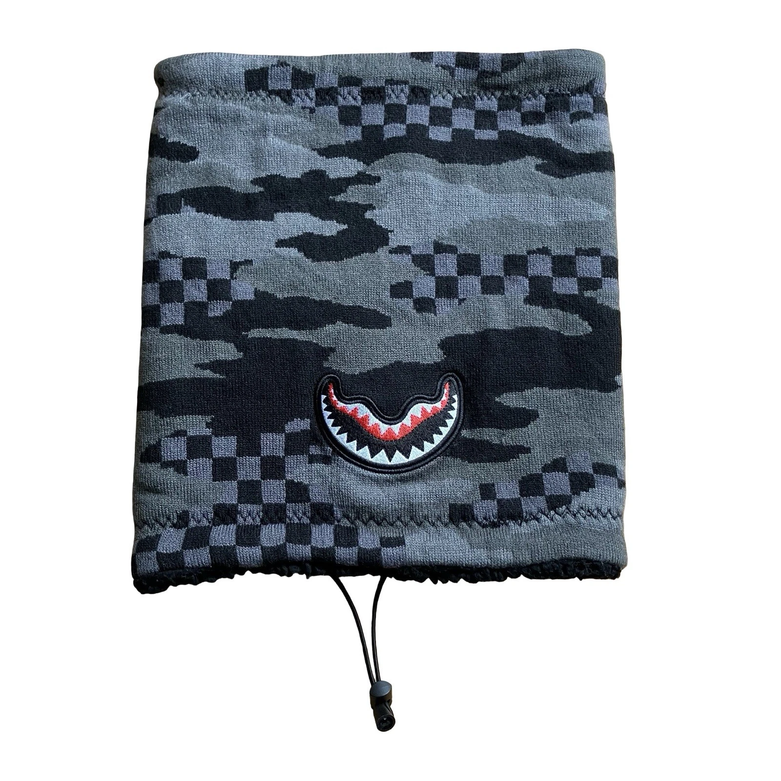 Sprayground Checkered Shark Mouth Neck Warmer Fleece Lined Adjustable Gray Black