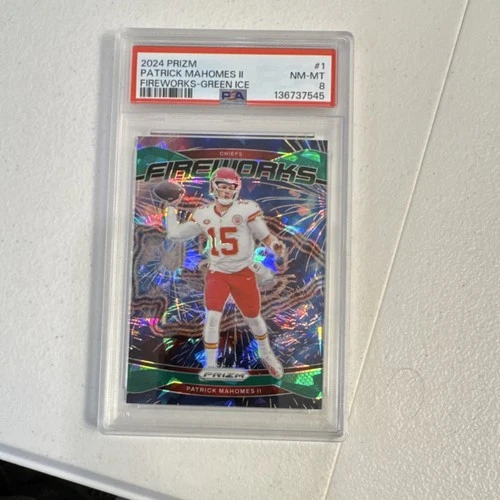 Patrick Mahomes II - 2024 Panini Prizm Fireworks Green Ice #1 PSA 8