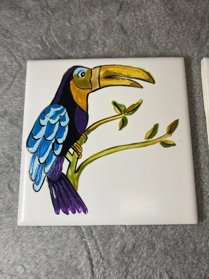 Vintage handbemalte tropische Vogel Keramikfliesen - passendes Paar - Made in USA - Bild 2 von 4