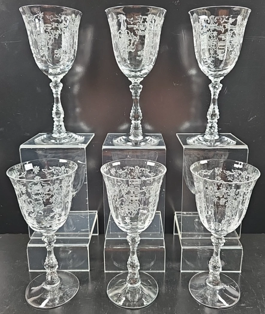 6) Fostoria Navarre Clear Claret Wine Glasses Set Floral Etch Optic Stemware Lot