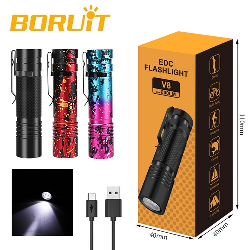 BORUiT Mini Clip On LED Flashlight Rechargeable Torch Lamp Light Camping Pocket