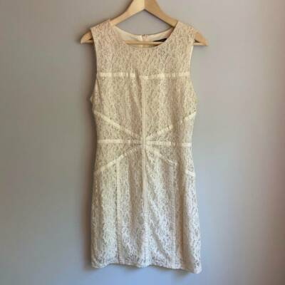 Bisou Bisou Womens Sheath Dress Ivory Floral Lace Overlay Ribbon Sleeveless 10