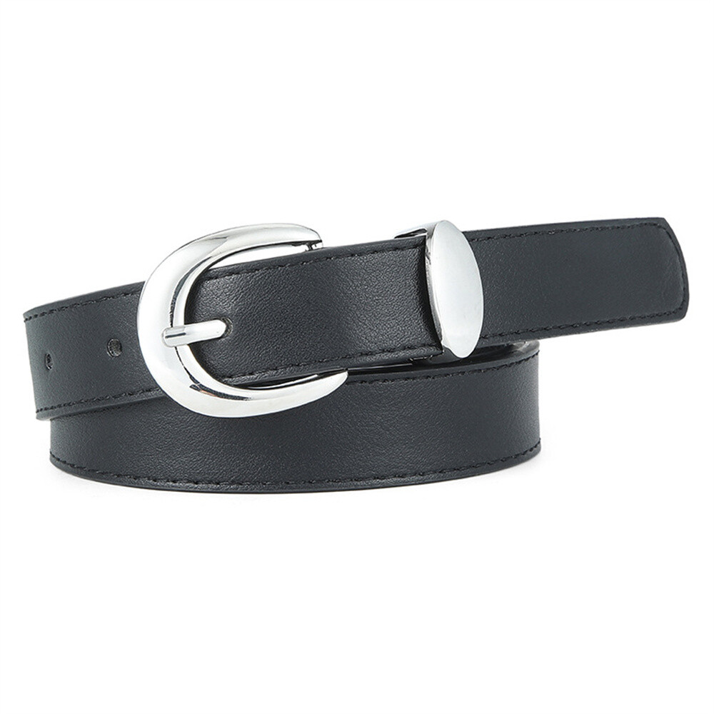 Women Lady Silver Metal Buckle Skinny Faux Leather Belt  display picture 1