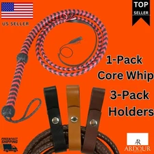 6-Foot Bull Whip – 12-Plait Leather Rope with Core, 3-Pack Leather Holders