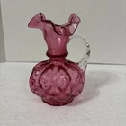 Vintage Fenton Cranberry Glass Ruffled Rim Diamond Optic Melon Pitcher Vase 6"