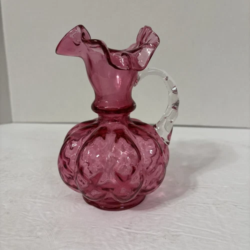 Vintage Fenton Cranberry Glass Ruffled Rim Diamond Optic Melon Pitcher Vase 6"