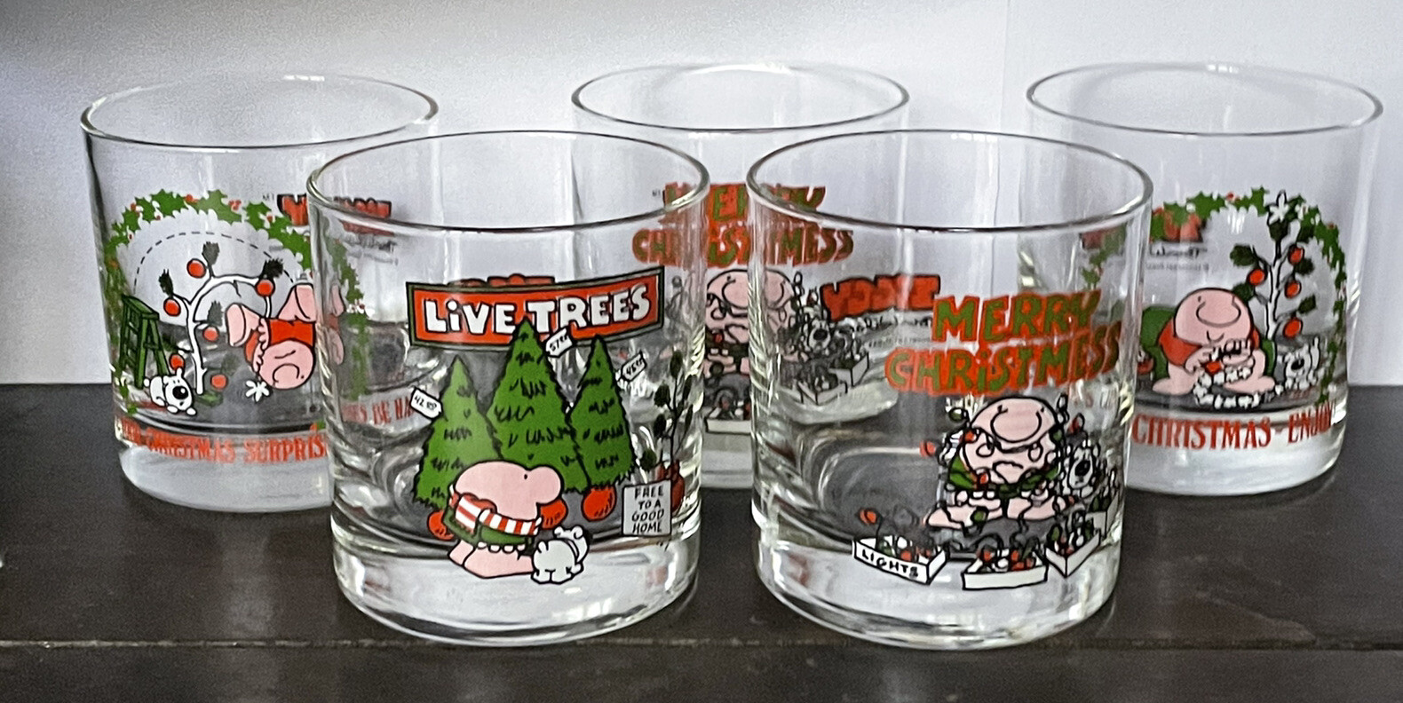 RARE 5 VINTAGE Christmas ZIGGY Antique Barware Tumbler Drinking GLASSES