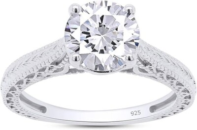 Leaf Pattern Shank Solitaire Ring 1.50ct Round Moissanite 14K White Gold Plated