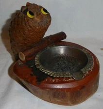 VINTAGE CALIFORNIA REDWOOD BARRY ASHTRAY W/ OWL SUTTERS FORT SACRAMENTO 1948