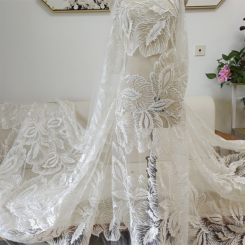 removable lace top wedding dress Ladivine CD977W Long Sleeve Lace Fit & Flare Wedding Dress V Neck Bridal Gown 8 / Off White
