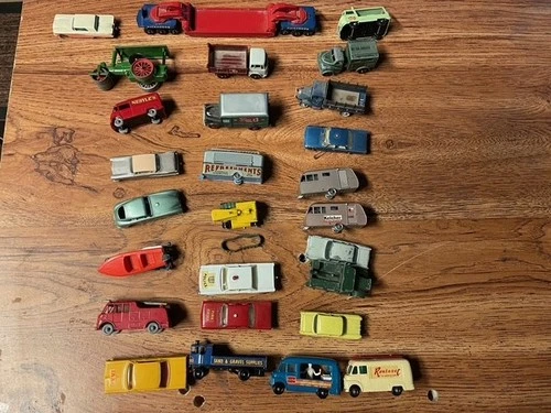 Lot of 25+ Vintage Lesney Matchbox Cars, Trucks, Trailers, Tractors, Boats, Etc.