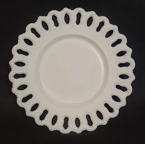 Vintage 7.25" White Milk Glass Recessed Plate w/ Open Lace Edge