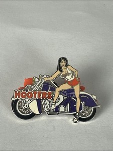 HOOTERS SEXY BLACK HAIR GIRL PURPLE & WHITE MOTORCYCLE / BIKE / BIKER LAPEL PIN