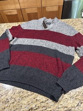 Vintage Chaps Sweater Men  s XLGray Red  Black Striped Thick Knit Cpix
