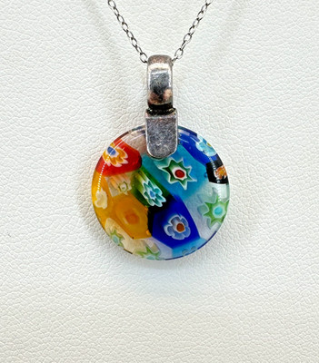 Vintage Millefiori Pendant Necklace 925 Sterling Murano Colorful Round 18'' Chain