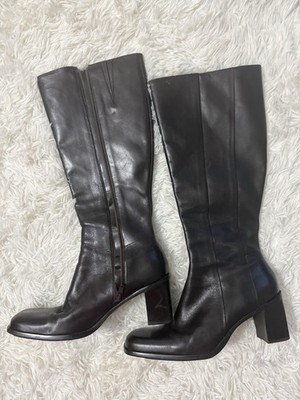 Gianni Bini Sole-Sister Brown Leather Square Toe Block Heel Zip Knee Boots 8M