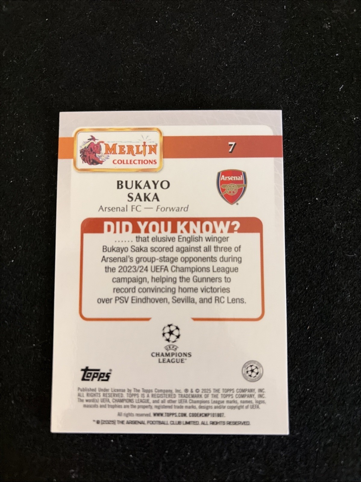 Bukayo Saka Rose Gold Speckle /250 | 2024-25 Topps Merlin UEFA #7 Arsenal view 3