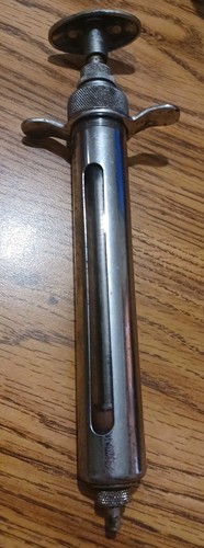 Vintage Veterinary Syringe Glass Metal Antique Livestock Medical Tool Oddity