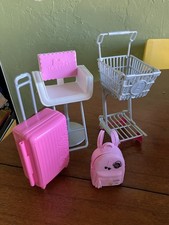 Mattel Barbie Doll Shopping Cart Grocery Store Buggy Gray Pink Wheels suitcase