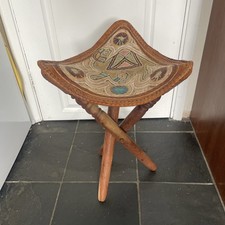 African Handmade Folding Wood & Leather 3-Leg Stool 46cm Tall