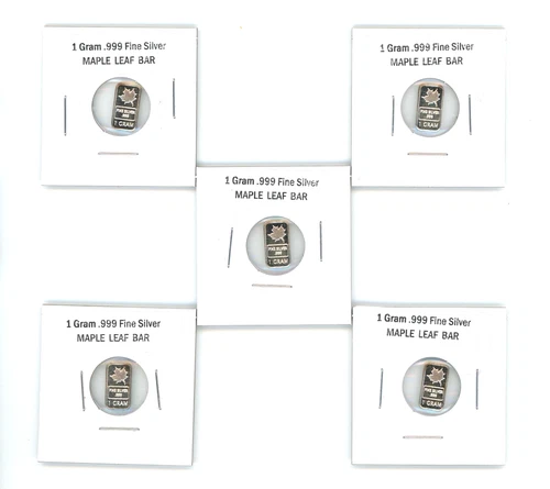 Lot of (5) x 1 Gram .999 Fine Silver Maple Leaf Bar  Pure Silver Art Bar