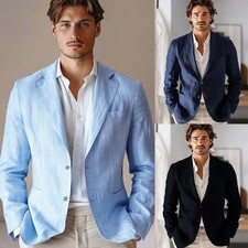 Linen Men Jacket Blazer Beach Single Breasted Groom Wedding Slim Fit Summer Wear