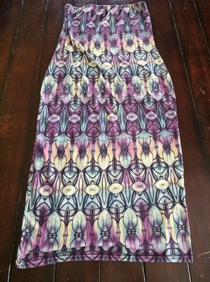 Women's Boohoo Strapless Midi Maxi Skirt/Dress M/L Purple Green Abstract Bodycon