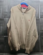 Burberry London Sweater Mens Size L Beige Lambswool Chunky 1/4 Zip Pullover
