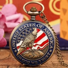 American Eagle Flag Hand-Wind Quartz Second 24hours Sub-dials Pocket Watch