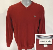 Lacoste Size 5 - L Mens V-Neck Cotton Red Sweater Long Sleeve - Fits Like Medium