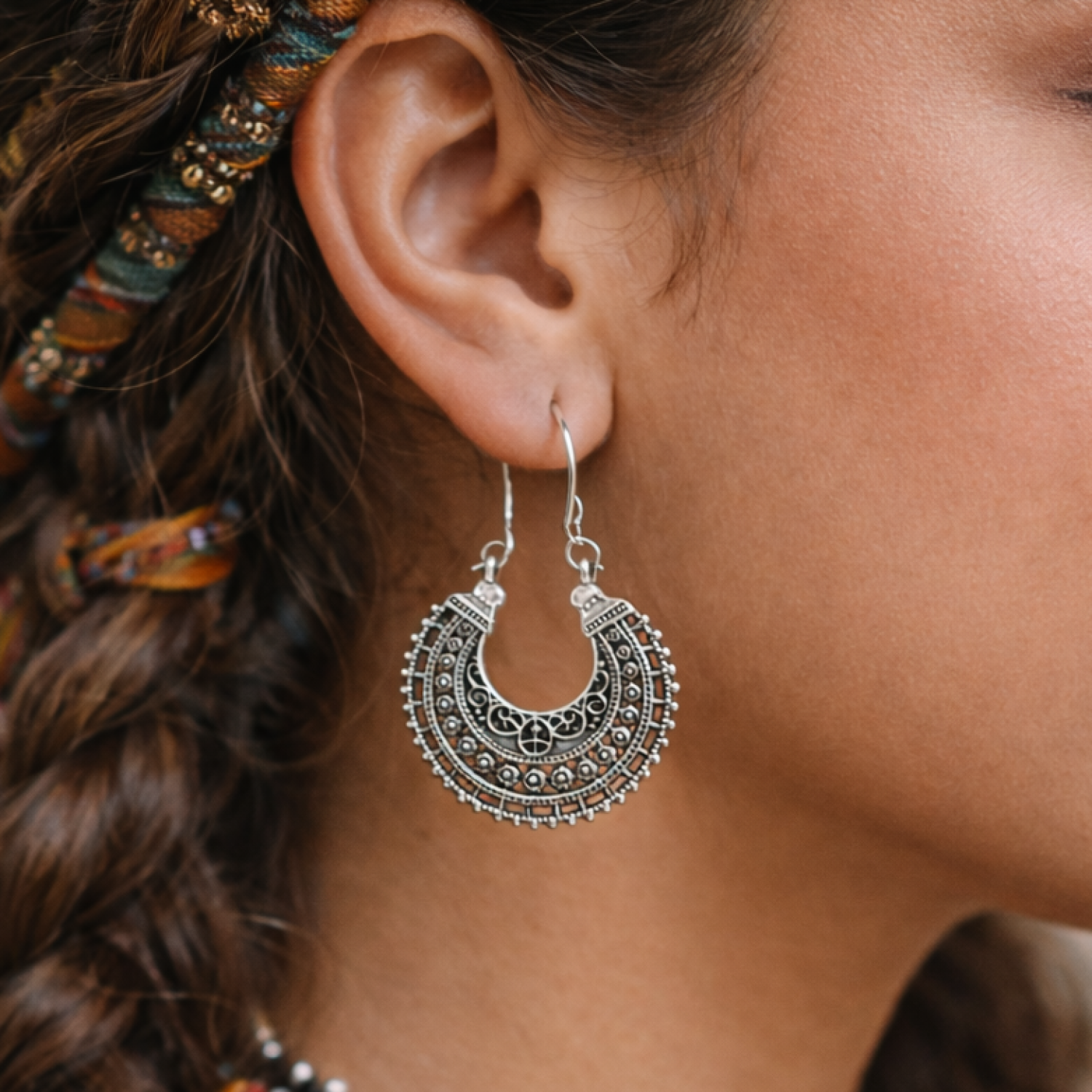 Mandala Drop Earrings Geometric Tibetan Silver Boho Antique Statement Dangle