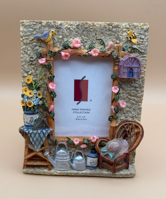    Hand Painted Garden Scene Picture Frame 3.5x5 Floral Birds Cottage Decor