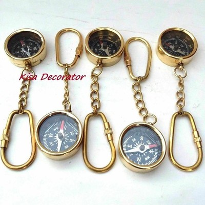 Set Of 5 Vintage Nautical Solid Brass Compass Key Chain Ring New Handmade Gift