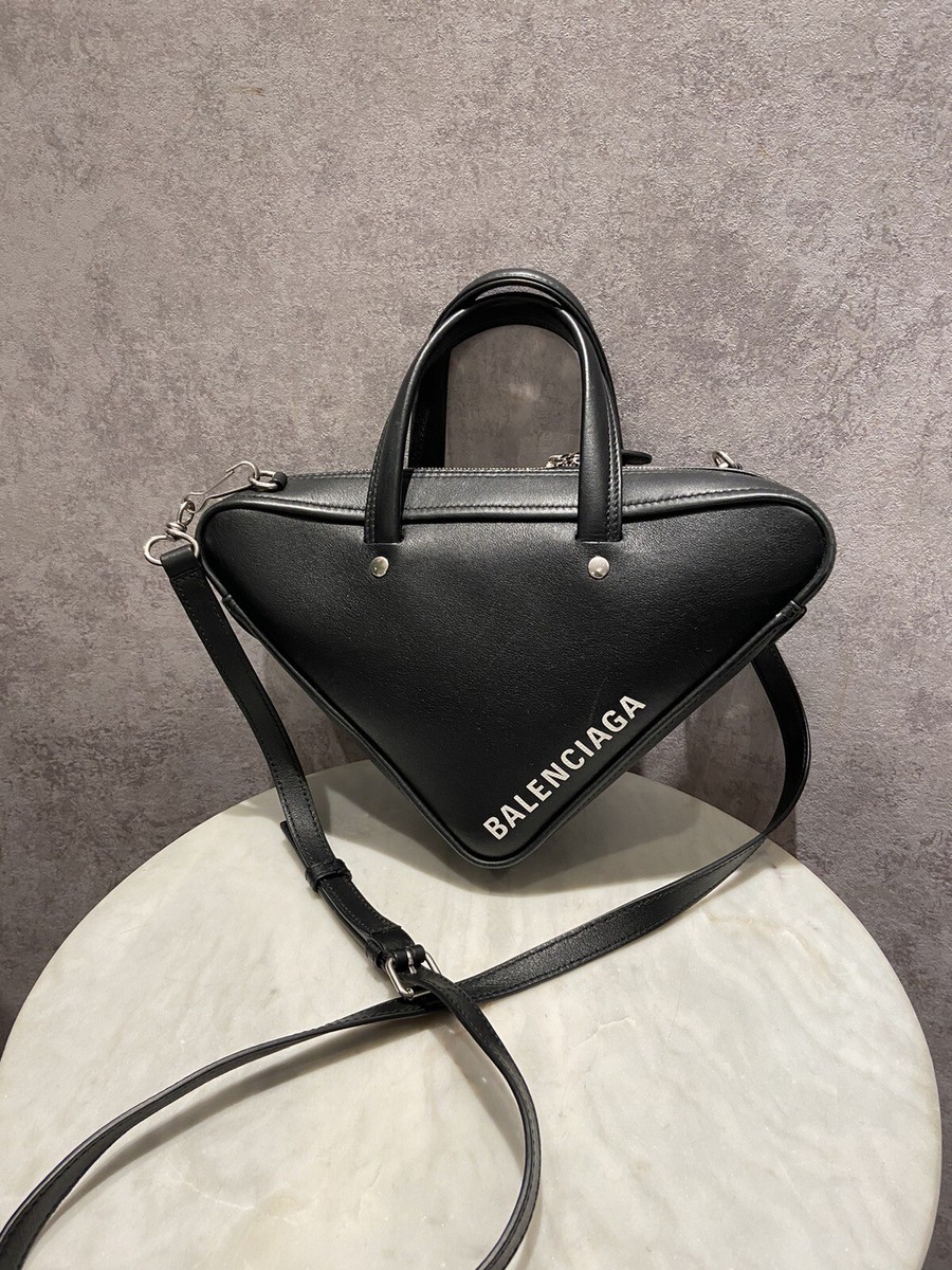 AUTH BALENCIAGA BLACK TRIANGLE DUFFLE TOP HANDLE BAG LETTER 