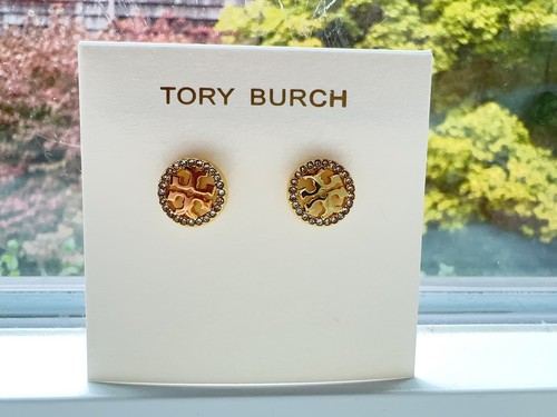 Tory Burch Gold Logo Stud Earrings Rhinestones Around Edge Of Circle
