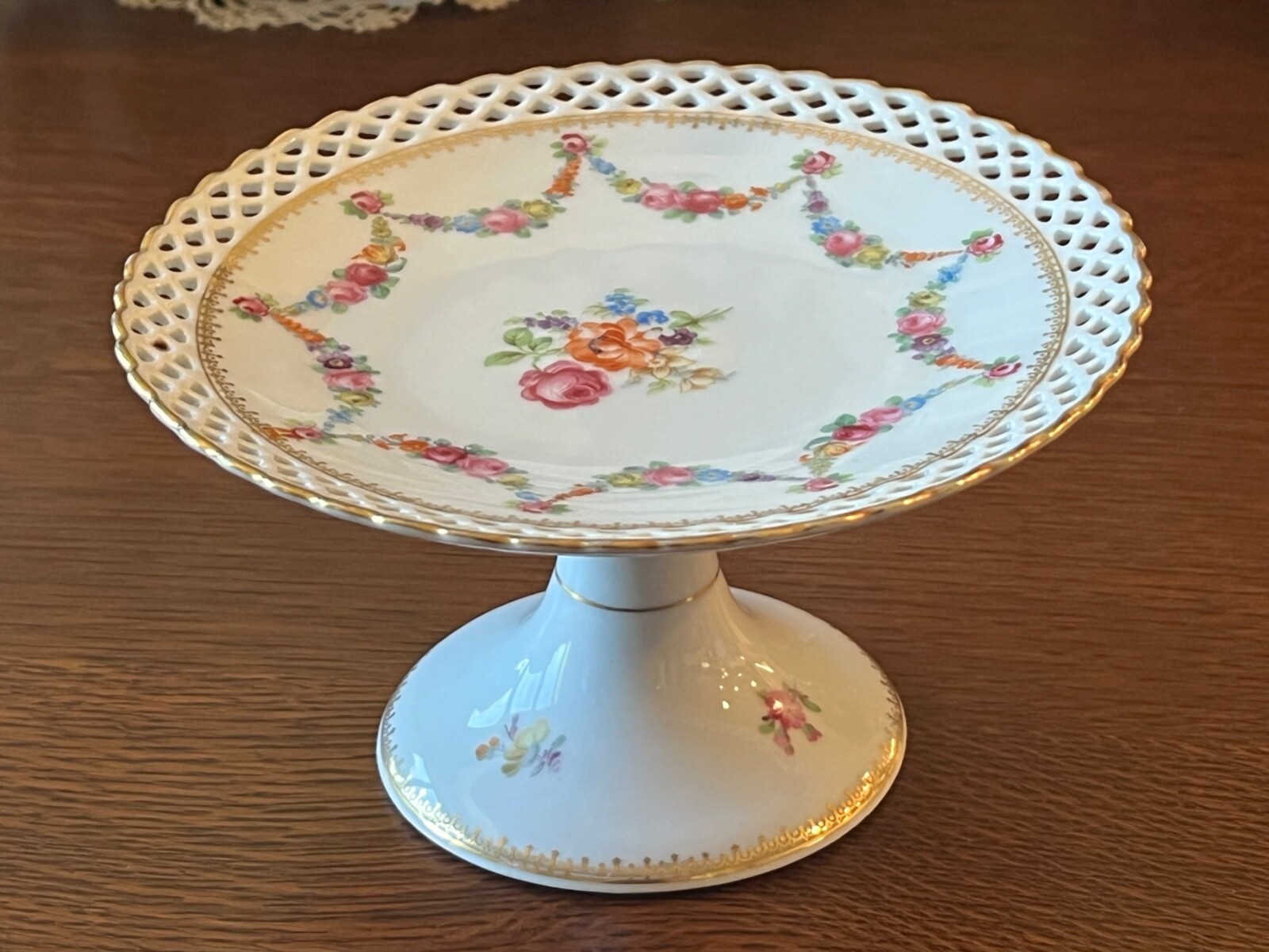 Schumann Porcelain Pierced Pedestal Footed Plate Compote Floral Bavaria Dresden