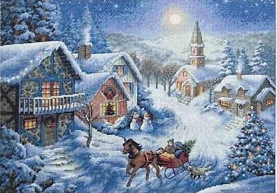 Puntale Natale blu elettrico villaggio innevato vetro soffiato 35 cm