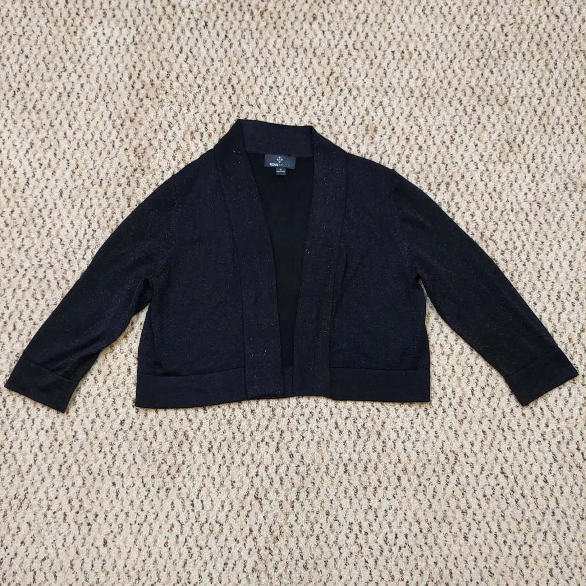 Ronni Nicole Black Shimmer Open Front Sweater Cardigan Large Shrug 3 4 Sleeve