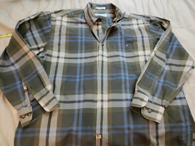 Orvis Pure Cotton Fat Plain Long Sleeved  Button down Shirt Men's XL grn/tan/blu