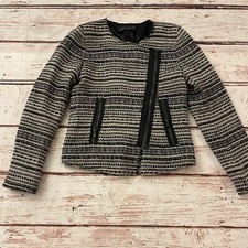 Zara Woman Women  s Black Beige Cotton Blend Tweed Blazer Jacket Size M EUC 