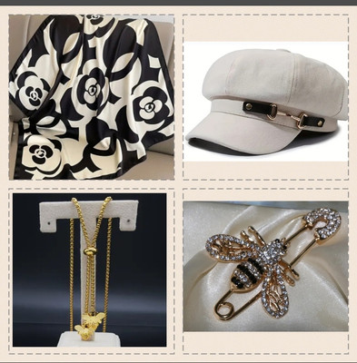 NEW Black & Ivory Beige Scarf + Newsboy Cap + Bee Gold Tone Necklace + Pin Set