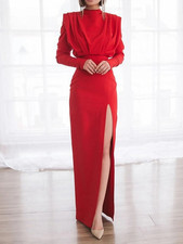 Red High Neck Maxi Dresses Draped Long Sleeve High-Slit Club Party Evening Gowns