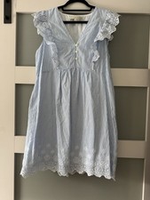 Loft Striped Eyelet Button Ruffle Swing Dress in blue and white Petite MP