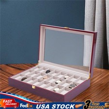 24 Slot Grids Wooden Watch Box Display Case Organizer Glass Top Jewelry Storage
