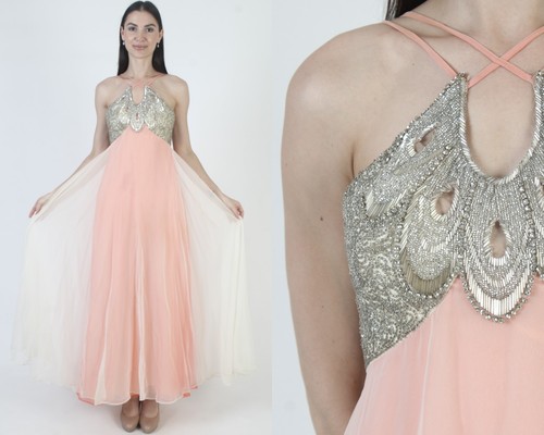 Vtg 60s Mike Benet Formals Dress Beaded Sequin Bridal Wedding Designer Prom Gown